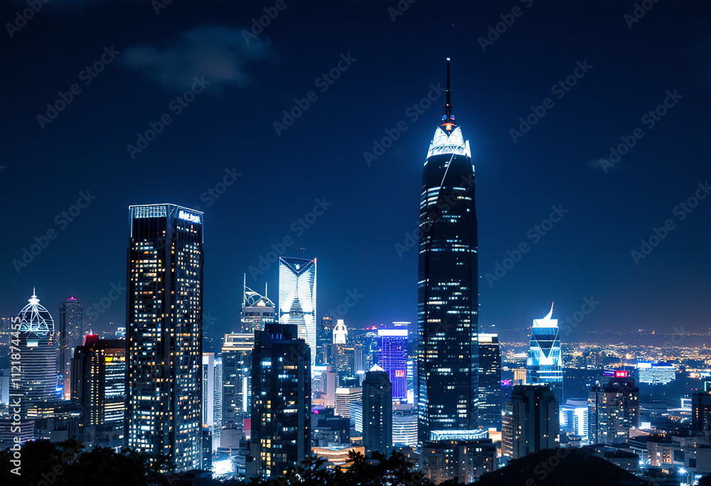 Fototapeta premium A modern city skyline at night, with tall skyscrapers and high-rise buildings illuminated against a dark blue sky