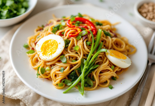 A photo of a beautiful noodle dish with green onions, eggs, red hot pepper, and greens