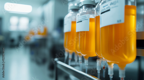 Close-up of plasma bags filled with golden fluid, each labeled and connected to IV tubes, resting on a sterile metal cart in a clinical setting photo