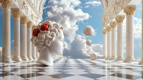 Classical Greek statue head with apples, floating spheres, and white columns against cloudy sky photo