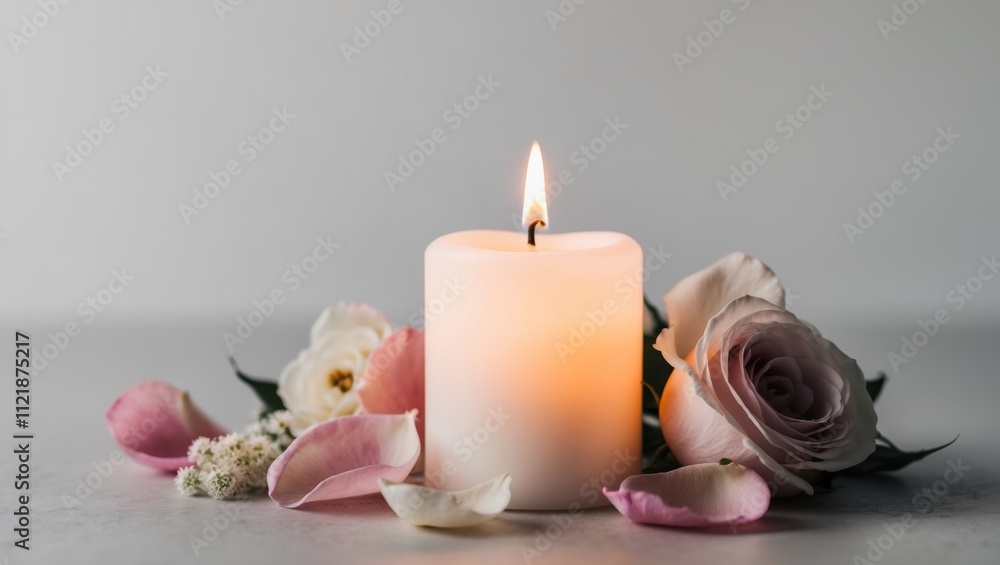 White candle with rose and flower petals. White candle with rose and flower petals.