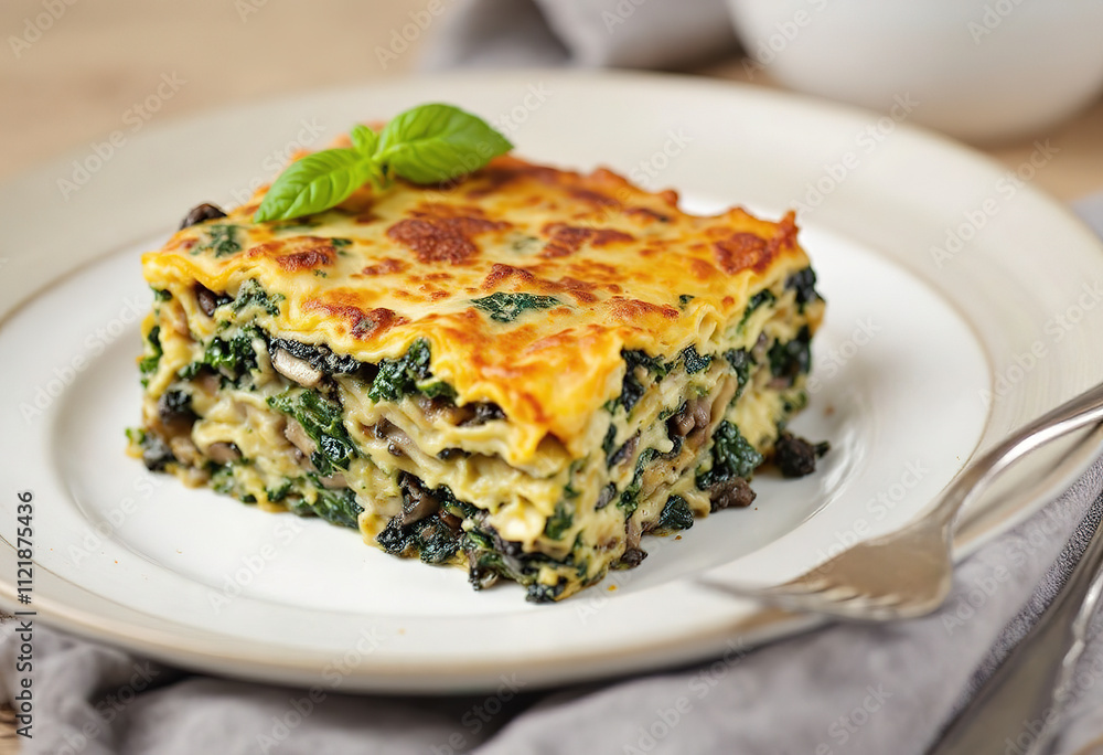 A slice of a spinach and mushroom lasagna A slice of a spinach and mushroom lasagna