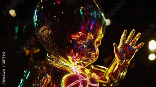 Neon-lit infant sculpture, internal organs visible