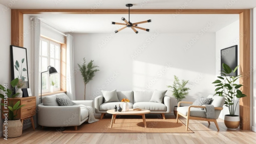 Fototapeta premium Scandinavian interior design with wooden frame on white wall, stylish, interior design, Nordic