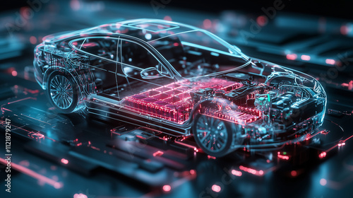 A 3D-rendered diagram of an electric car with its battery pack displayed in cross-section, featuring detailed annotations of cell structure and cooling mechanisms photo