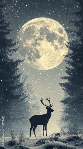 Silhouette of a Deer in a Snowy Forest with Winter Solstice Moon  Winter Solstice Symbols, Winter season, Happy New Year, Happy Christmas 
