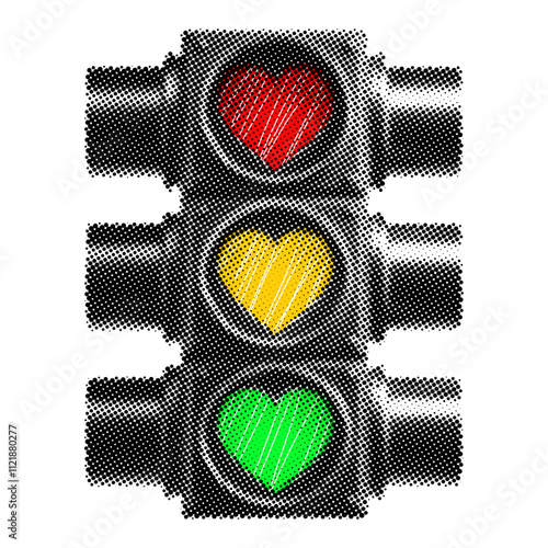 heart-shaped traffic light retro halftone style illustration, stipple effect design