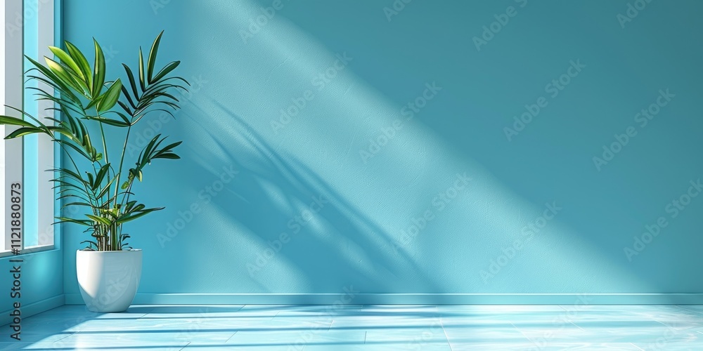Bright and serene indoor space featuring a green plant against a pastel blue background Bright and serene indoor space featuring a green plant against a pastel blue background