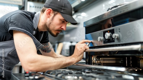 A mechanic repairing a kitchen appliance, such as an oven or refrigerator, in a home or commercial setting