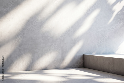 Fototapeta Naklejka Na Ścianę i Meble -  Minimalist clean concrete wall with sunlight shadows and empty corner platform. 3D Rendering