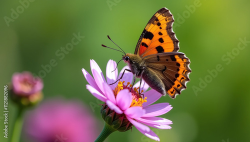 small tortoiseshell butterfly sits flower aglais urticae