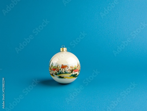 A professional studio shot of a frosted glass snowman figurine holding a candy cane, isolated on a deep blue background with soft lighting highlighting its glittery accents photo