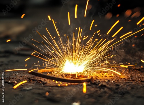 In a dimly lit workshop, a skilled worker is engaged in welding metal, creating bright, glowing sparks that dance in the air. The focus is on the artistry and precision of the task photo