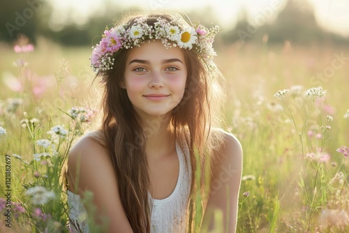 Slim beautiful young woman wearing a crown of flowers, sitting in a field, half-body portrait, joyful expression, celebrating Mother's Day in a serene nature setting. photo