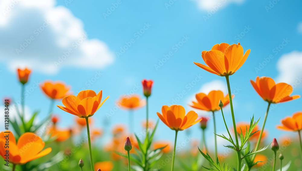 Obraz premium trollius orange flowers bloom freely bright light blue summer