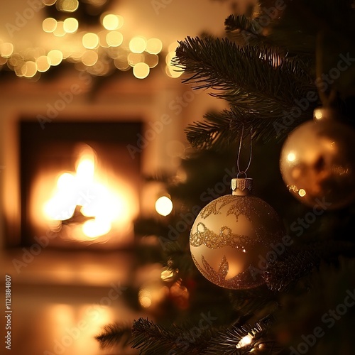 Silhouette of Christmas Tree and Fireplace in Elegant Living Room, Elegant Christmas Living RoomChristmas day, New Year's Eve, Happy New Year 
 photo