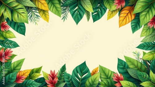 Tropical leaves frame on beige background, border, foliage, botanical