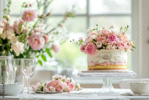 Elegant table with a Mother's Day cake and floral arrangements, no person in frame, half-body shot, bright and inviting atmosphere, beautifully styled for celebration. 