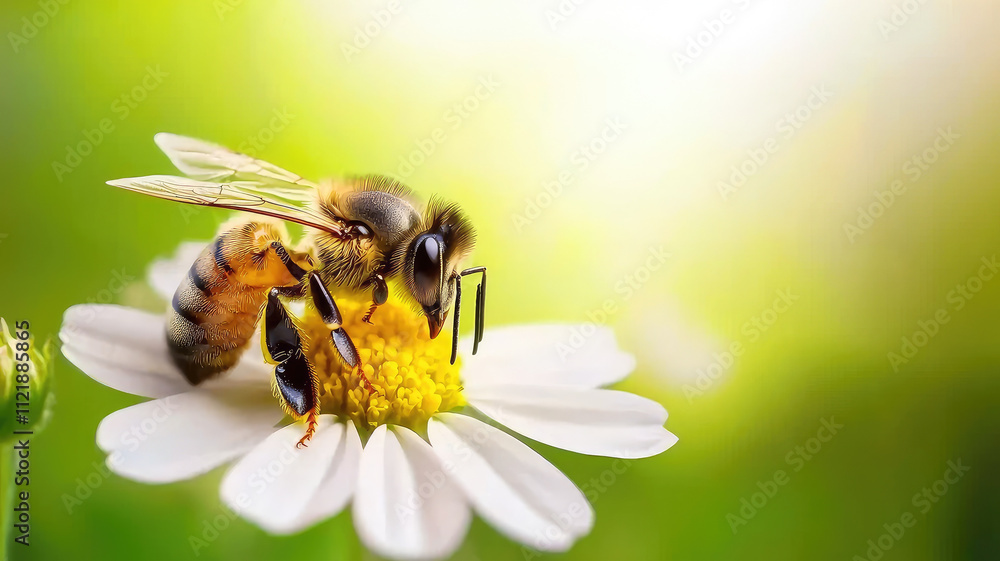 Bee on white flower in serene nature setting Bee on white flower in serene nature setting