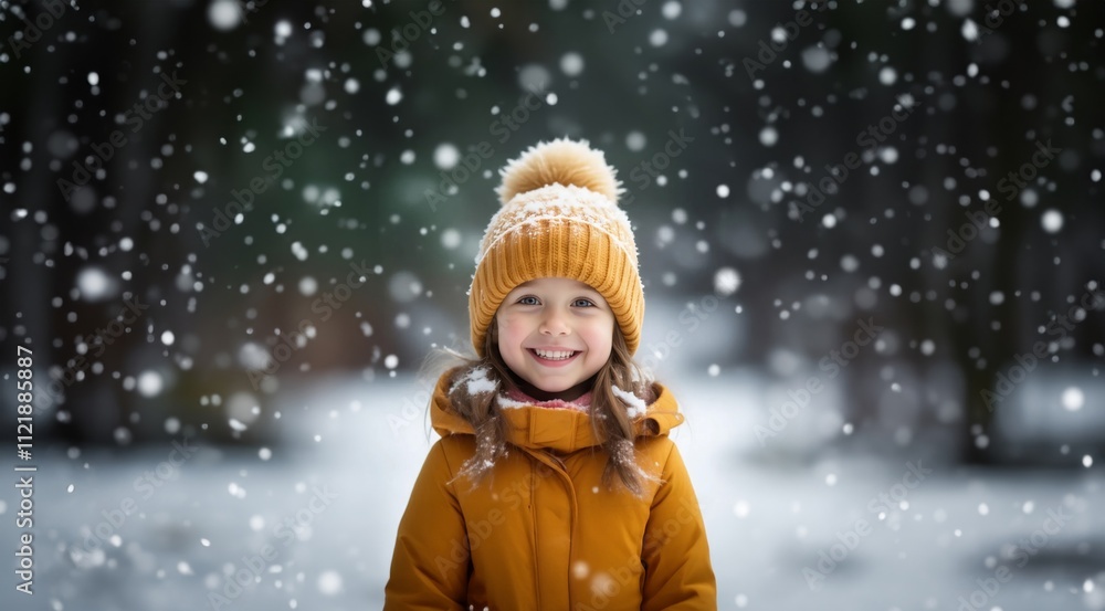 Fototapeta premium Winter kid portrait. Kid having fun on snowy winter day. Children in winter. Cute child wearing warm clothes playing in a snow. Winter activities for kids.