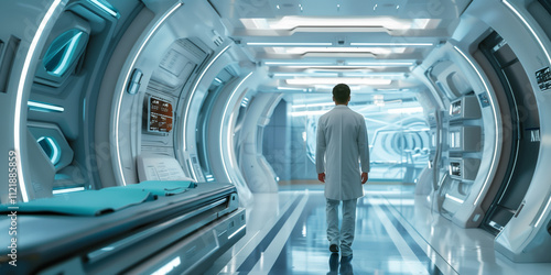Fototapeta Naklejka Na Ścianę i Meble -  Scientist wearing lab coat walking down futuristic corridor of spaceship or space station