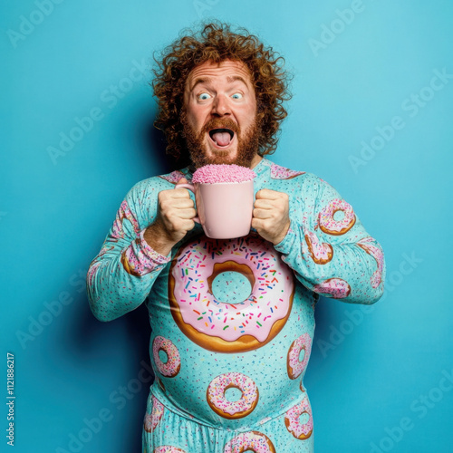 fat man in comical pajamas snoozes peacefully while clutching a gigantic coffee mug that nearly dwarfs him. His sleepy face, adorned with a whimsical grin, perfectly captures the joy of coffee addict  photo