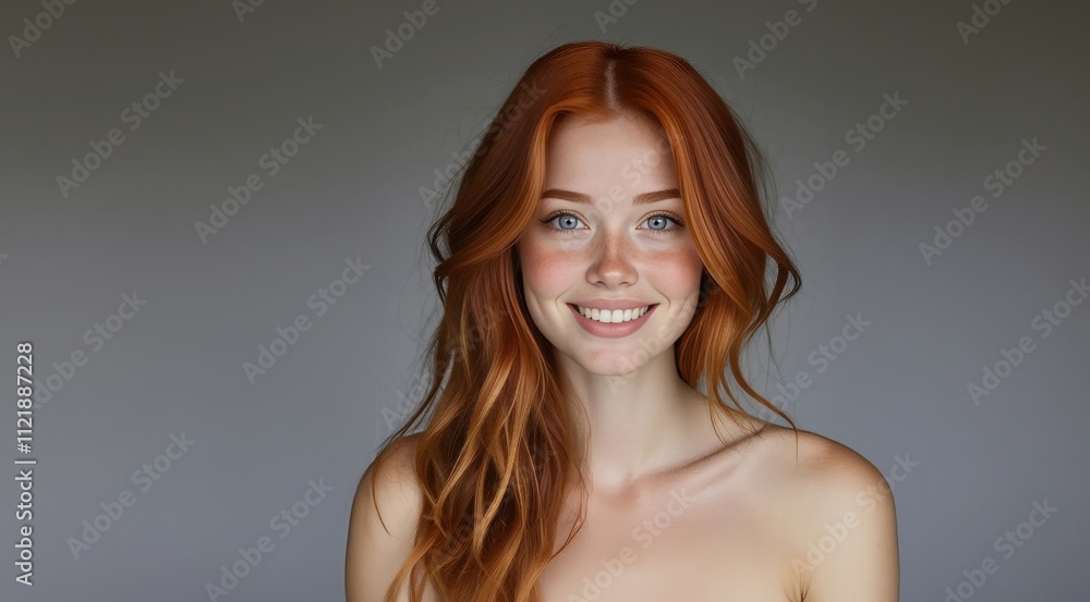 Close up face of young red-haired and freckled woman with beautiful smile. Beautiful smiling young woman with clean fresh skin and white teeth. Cosmetology, beauty and spa, women portrait. Close up face of young red-haired and freckled woman with beautiful smile. Beautiful smiling young woman with clean fresh skin and white teeth. Cosmetology, beauty and spa, women portrait.
