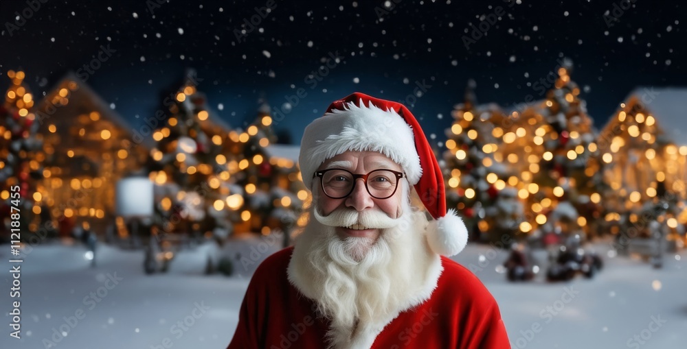 Portrait of Santa Claus with Christmas tree in background. Happy Santa Claus. Christmas, New Year, Winter Holiday Celebration. Portrait of Santa Claus with Christmas tree in background. Happy Santa Claus. Christmas, New Year, Winter Holiday Celebration.