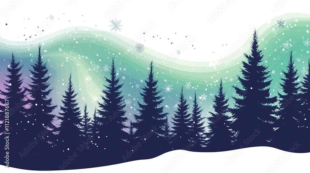 Fototapeta premium Silhouette of Pine Trees Under Northern Lights Aurora Borealis Northern Lights), Winter season, Happy New Year, Happy Christmas 