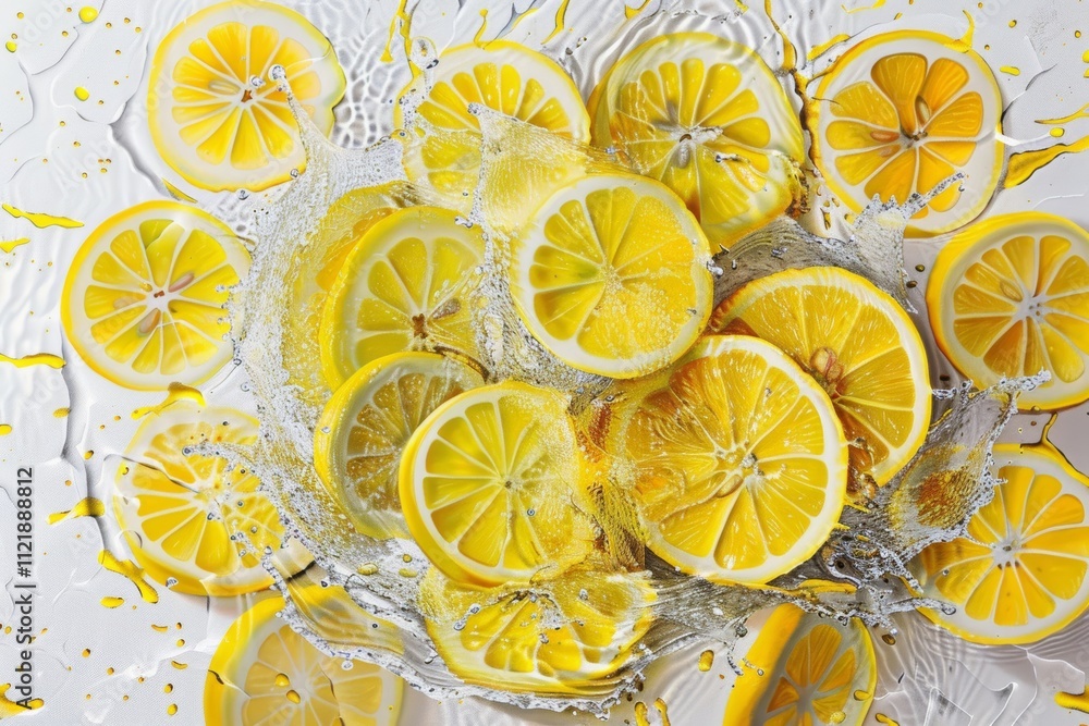 Fresh lemon slices splash with water droplets Fresh lemon slices splash with water droplets
