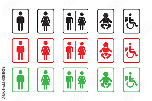 printable sticker of toilet symbol with man woman washroom signs wc baby icons. restroom bathroom and change room sign and symbol 