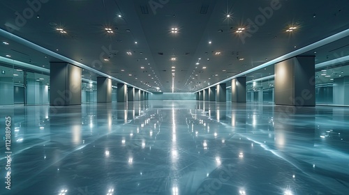 Empty showroom with glossy floors and ambient lighting