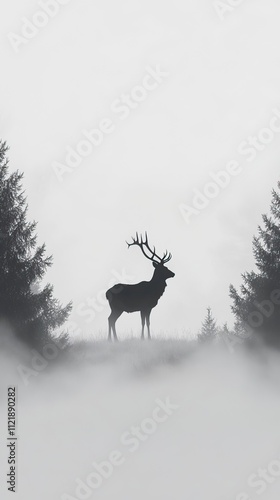 Silhouetted Deer Standing in a Misty Forest Clearing  Mystical Foggy Mornings, Winter season, Happy New Year, Happy Christmas 
