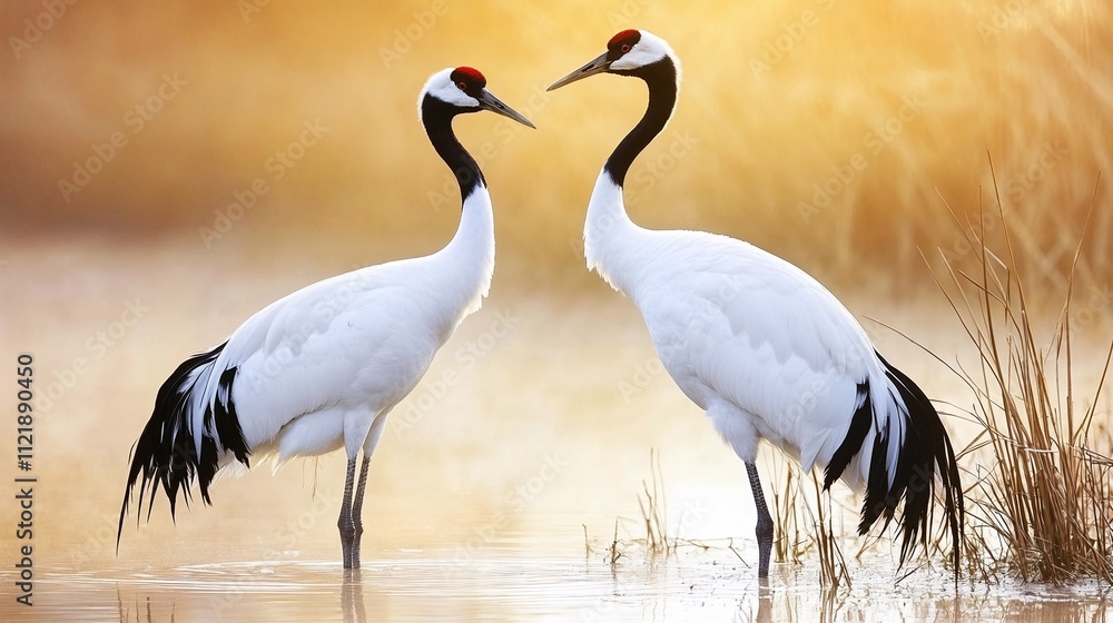 Obraz premium Two red-crowned cranes in wetland at golden sunset