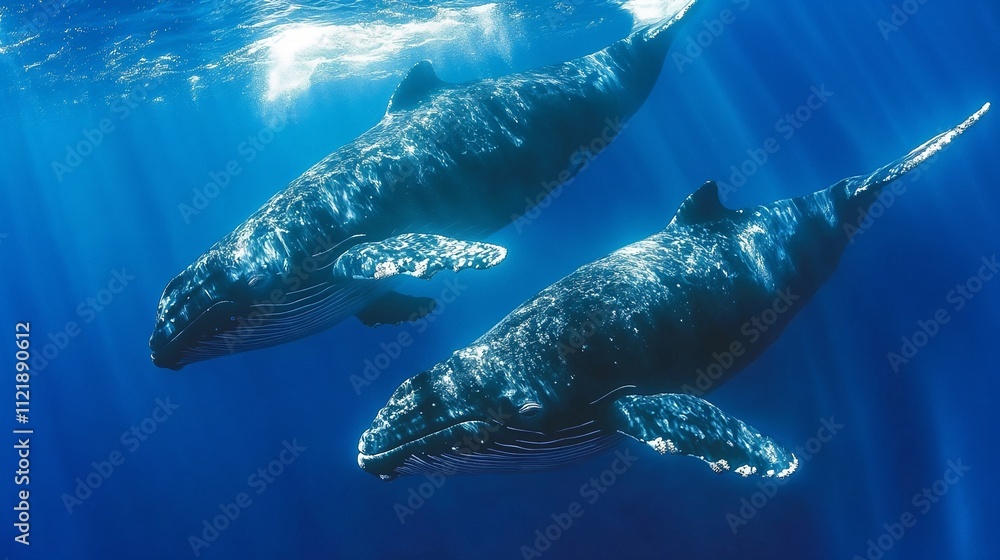 Fototapeta premium Two humpback whales swimming gracefully underwater