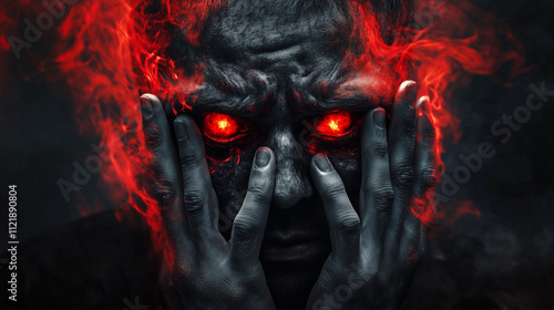 Intense figure consumed by fiery red energy with glowing eyes, hands pressed to face, symbolizing rage, inner turmoil, and the uncontrollable force of raw emotion