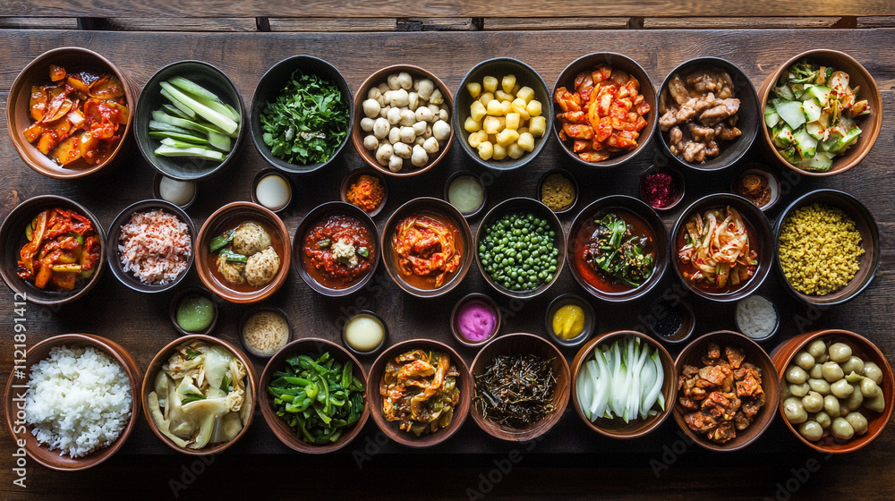 Fototapeta premium Diverse Asian Cuisine Delicious Korean Dishes Bowls of Food Overhead Shot