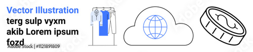 Clothing rack with clothes, cloud with global symbol, and coin icon in minimalist style. Ideal for e-commerce, cloud services, cryptocurrency platforms, technology websites, digital marketing, online photo