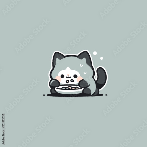 Cute Cartoon Cat Eating Ramen in Minimalist Style with Soft Colors. Cute Cat Vector.