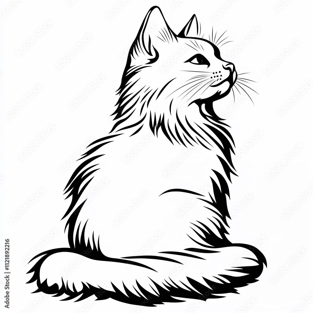 Obraz premium Black and white fluffy cat illustration