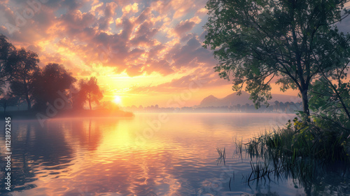 A beautiful sunset over a lake with a tree in the foreground