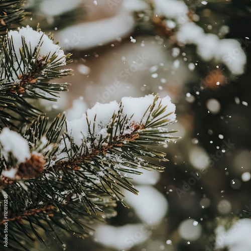 Snow Laden Pine Branches with Falling Snowflakes  Snow Covered Forests and Trees, Winter season, Happy New Year, Happy Christmas 
 photo