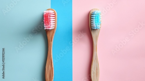 Colorful toothbrushes ready for daily oral hygiene routine against vibrant backgrounds