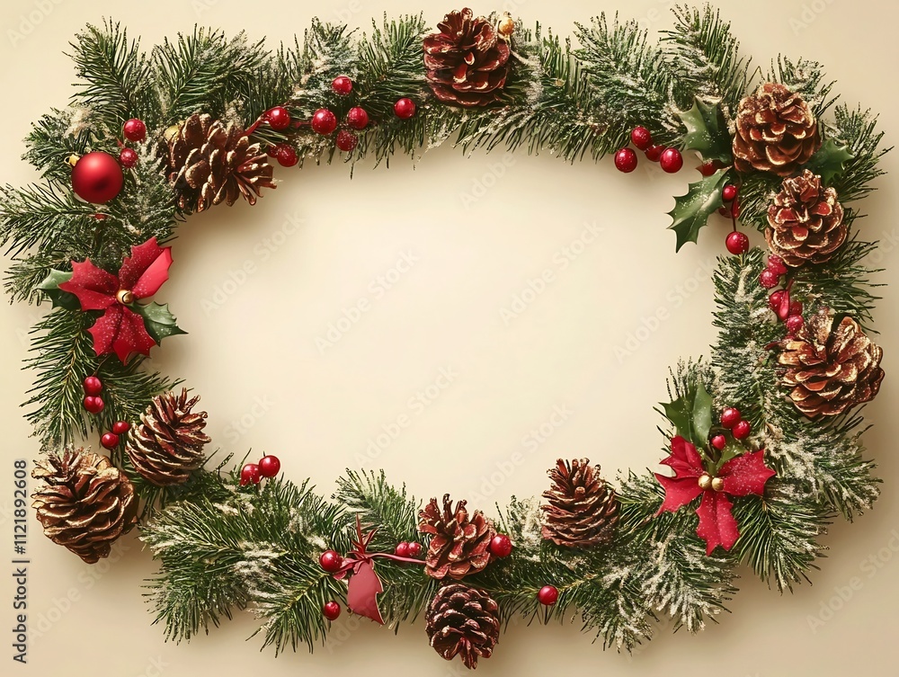 Fototapeta premium Beautifully Decorated Christmas Wreath with Pinecones Berries and Bows Framing a Clear Space for Text