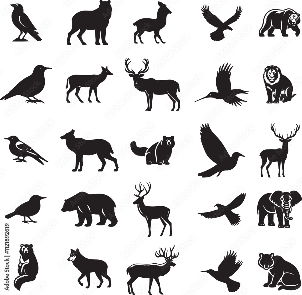 Fototapeta premium Vector silhouette Wild Animals Icon set on white background