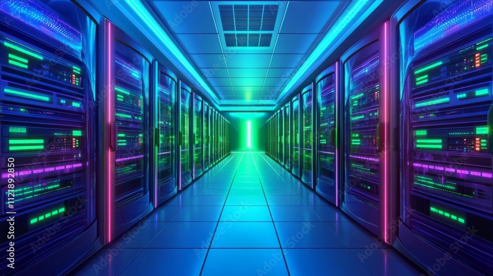 Fototapeta premium High-tech server room with colorful lighting, showcasing digital innovation and connectivity.