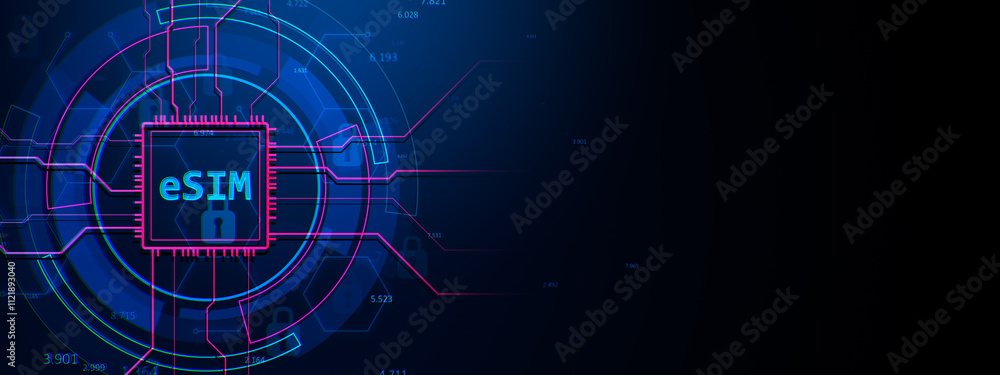 Obraz premium ESIM digital microchip concept design with neon lines and futuristic circuit pattern on dark blue background. 3D Rendering