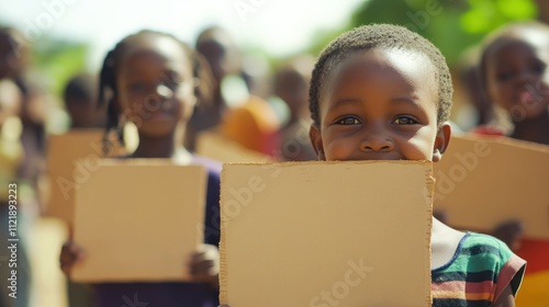 A Young African Girl's Hopeful Smile Hides Behind a Blank Sign, symbolizing dreams, potential, and the voiceless children of Africa photo