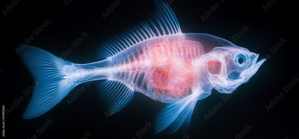 X-ray of a fish showing skeletal structure and internal organs. X-ray of a fish showing skeletal structure and internal organs.