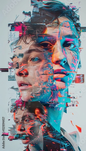 Vibrant photorealistic overlapping character faces with glitch inspired distortions and colors photo